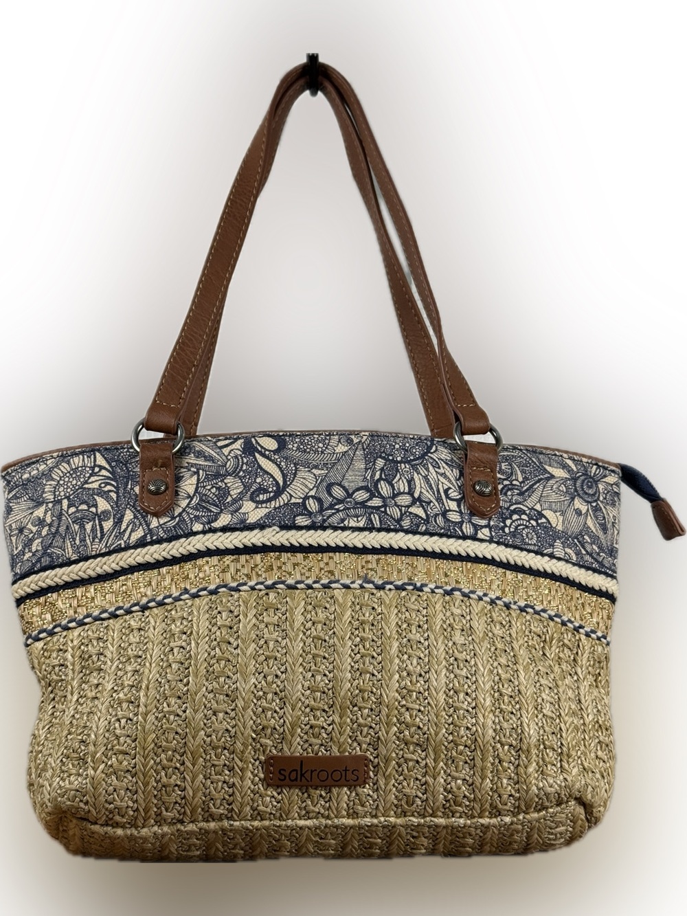 Sakroots Tan Woven Tote Navy Floral Trim Shoulder Bag